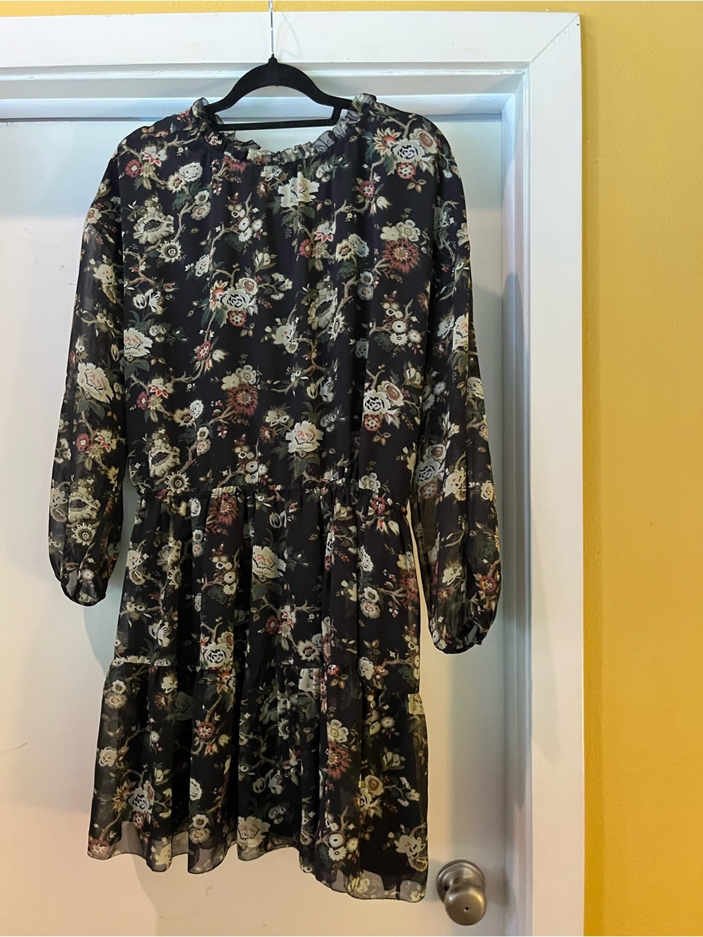 Wilfred Black Floral Tiered Mini Dress with Green and Cream Accents